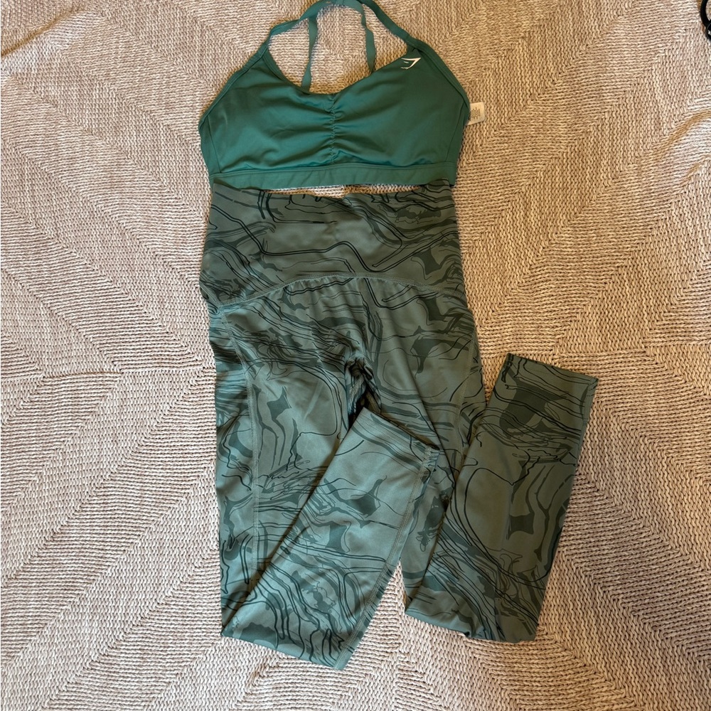 Gymshark Green marble Seamless Power Leggings + Sports Bra Set